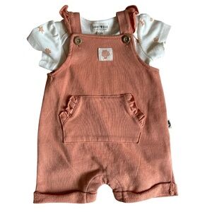 Rabbit + Bear 3 Piece Kids Coral Shortalls,Shell Bodysuit, &Hat Baby Girl 6-9M